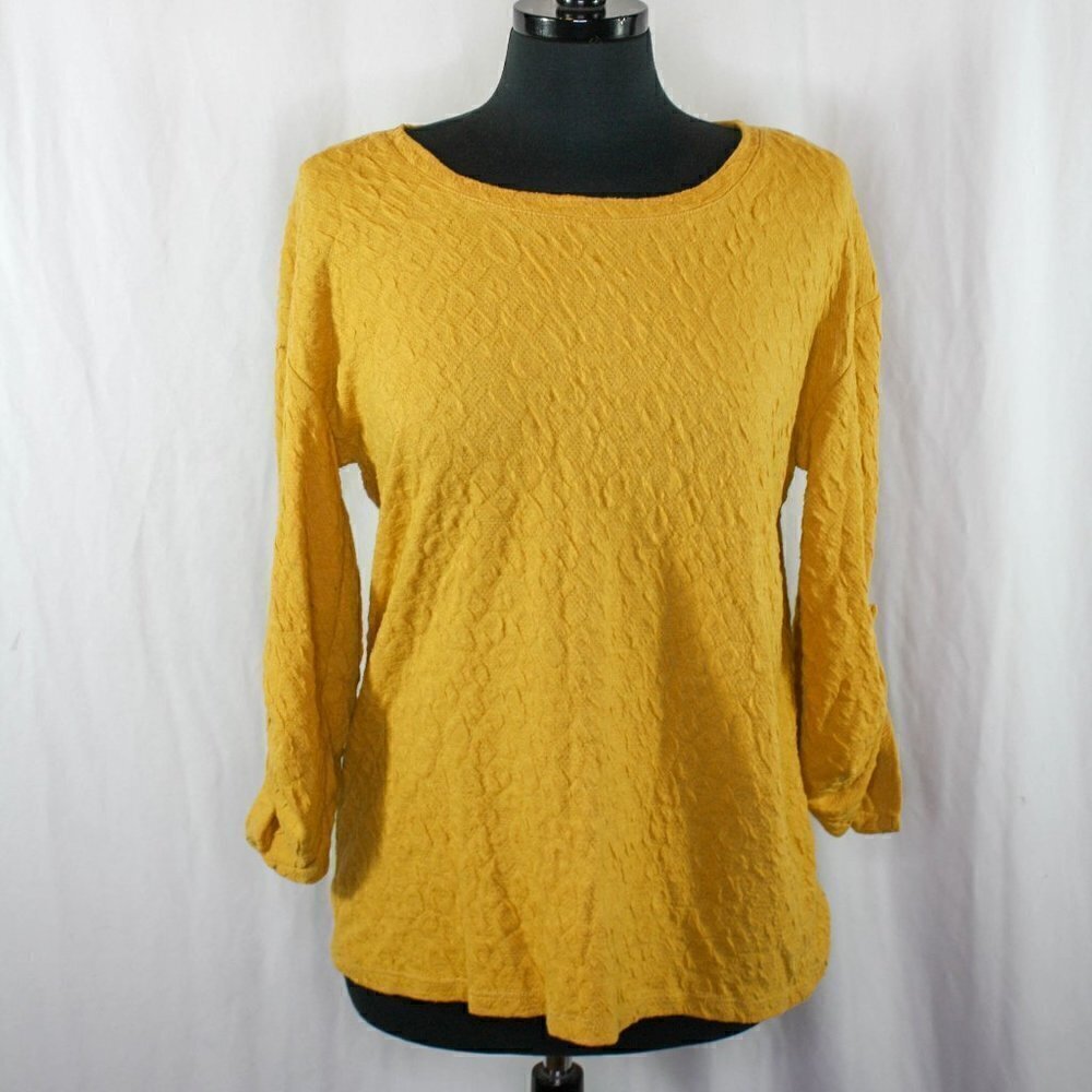 Rose + Olive Top Gold Mustard Yellow Button Tab Sleeves Size M